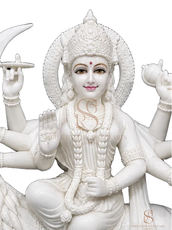 Close-up of the face and crown of the Durga Maa, Ashtabhuja