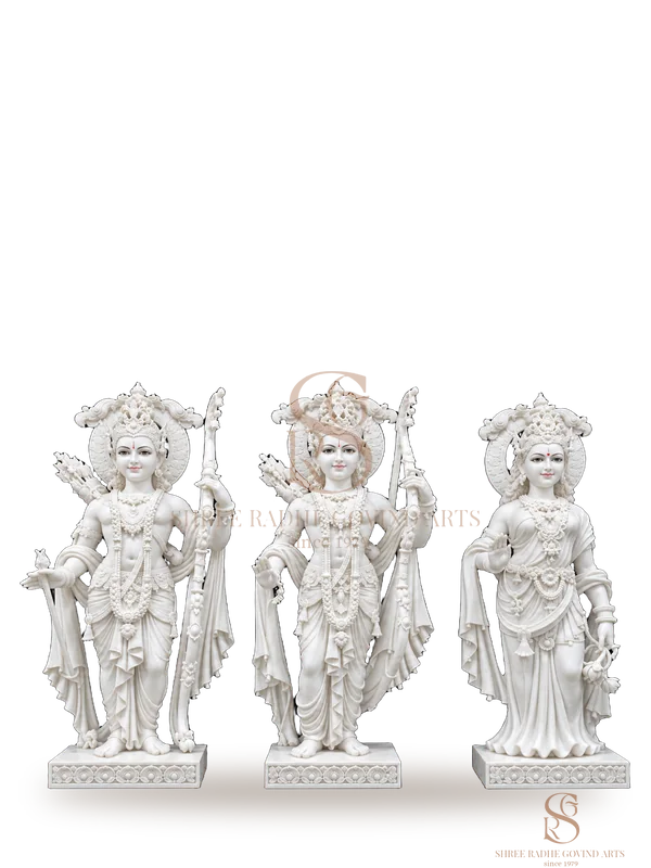 Ram ji, Lakshman ji and Sita Maa as three standing white marble moortis