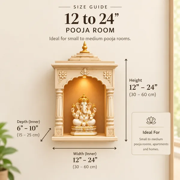 Size guide: 12 to 24″, Pooja room. Mandir with a Ganesh moorti, marked with height, width and depth