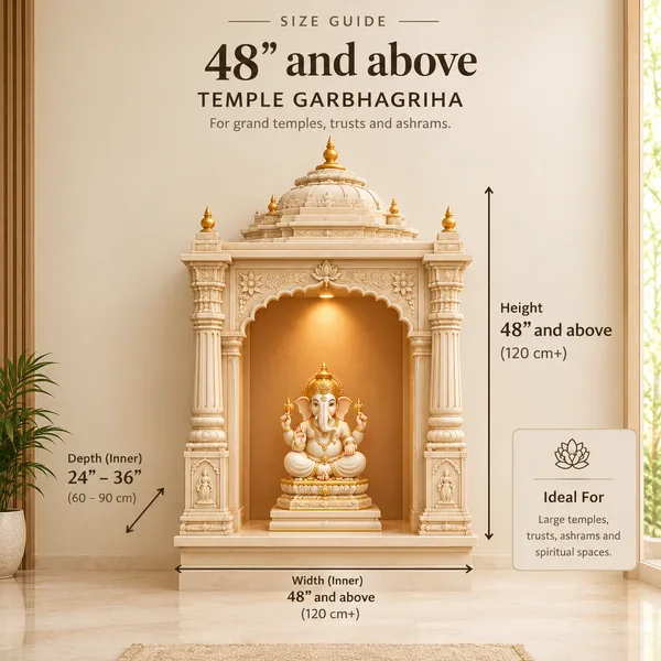 Size guide: 48″ and above, Temple garbhagriha. Mandir with a Ganesh moorti, marked with height, width and depth